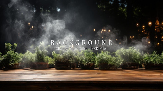 Free PSD wooden table in front of night garden with lights and smoke