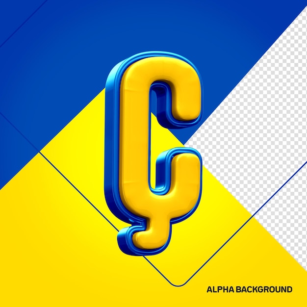 Free PSD yellow alphabet with letter c cedilla 3d blue