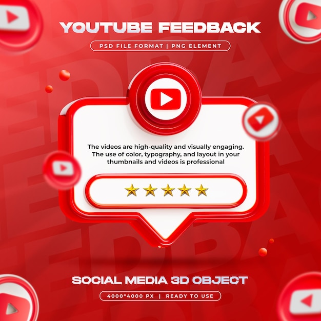 Free PSD youtube feedback review isolated social media 3d render