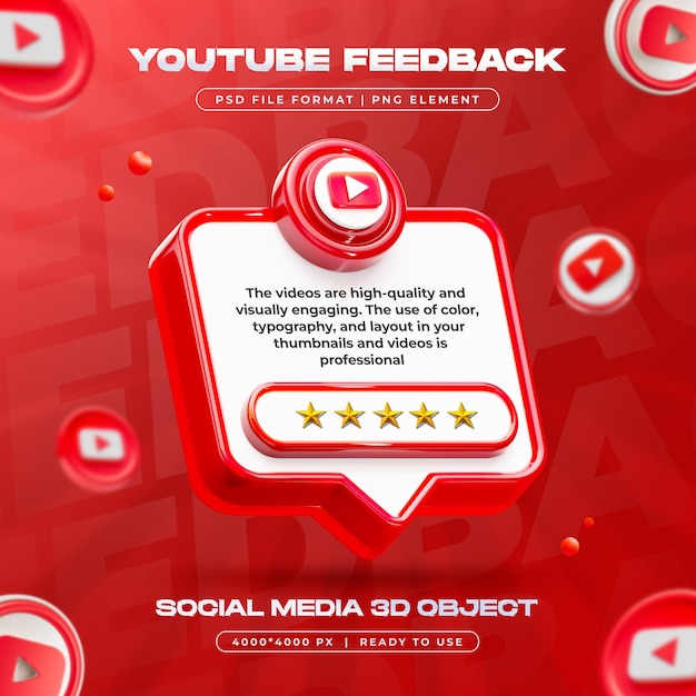 Free PSD youtube feedback review isolated social media 3d render