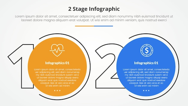 Free Vector 2 points stage template for comparison opposite infographic concept for slide presentation with big outline number and circle with flat style