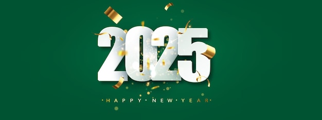 Free Vector 2025 new year greeting card on green background festive illustration with confetti and sparkles