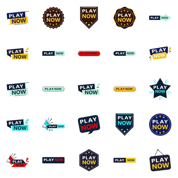 Free Vector 25 diverse play now banners to promote your products or services