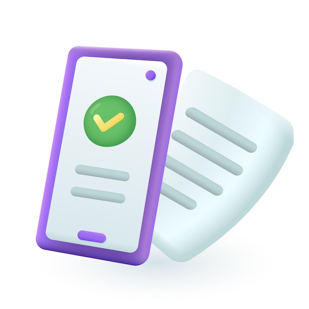 3d cartoon style checkmark on phone screen icon. Success message notification or document scanning on white background flat vector illustration. Paperwork, agreement concept