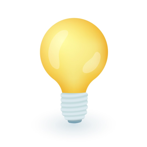 Free Vector 3d cartoon style yellow lightbulb icon on white background. shining or glowing bulb or lamp flat vector illustration. innovation, creative idea, startup, solution, inspiration, electricity concept