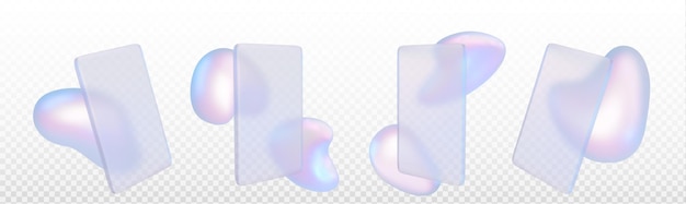 Free vector 3d holographic glass morphism abstract liquid bubble shape futuristic chrome colorful iridescent color dynamic form with card surface and blur effect on surface isolated on transparent background