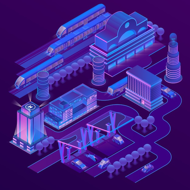 Free Vector 3d isometric city in ultra violet colors with modern buildings, skyscrapers, railway station 