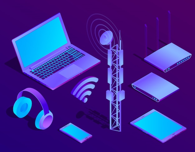 Free Vector 3d isometric violet laptop, router with wi-fi and radio repeater. ultraviolet computer 