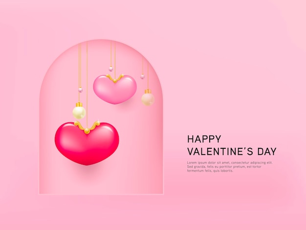 3d pink and red heart shape in the window isolated on light pink background