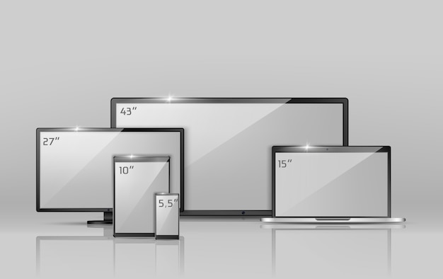 Free vector 3d realistic collection of different screens - notebook, smartphone or tablet.