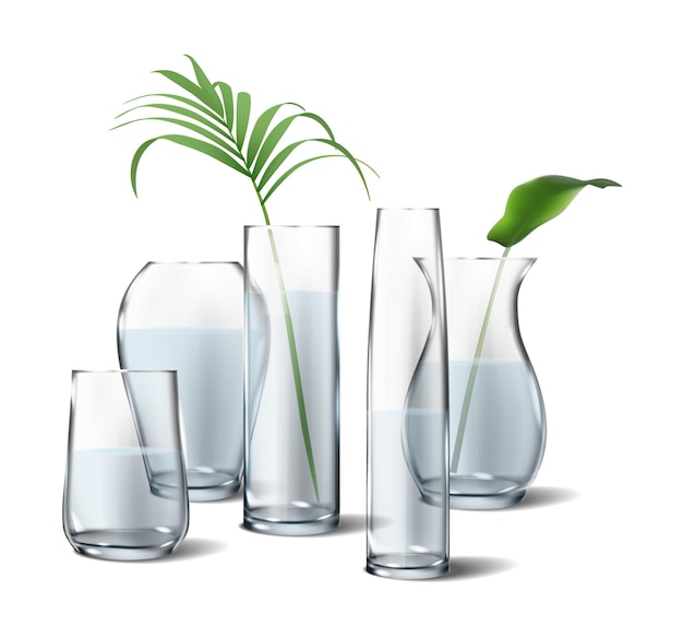 Free Vector 3d realistic icon isolated collection of flower glass transparent vases with plants inside