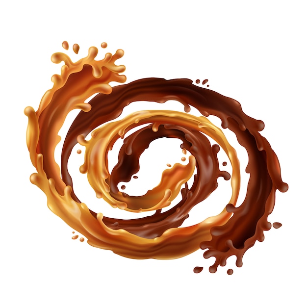 Free vector 3d realistic swirl of hot chocolate and stream of caramel. brown liquid food with splashes