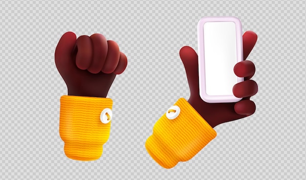 Free Vector 3d render black hand fist and palm hold smartphone