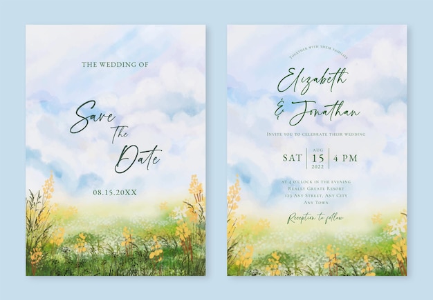 Free vector 4 watercolor floral field and grass wedding invitation template