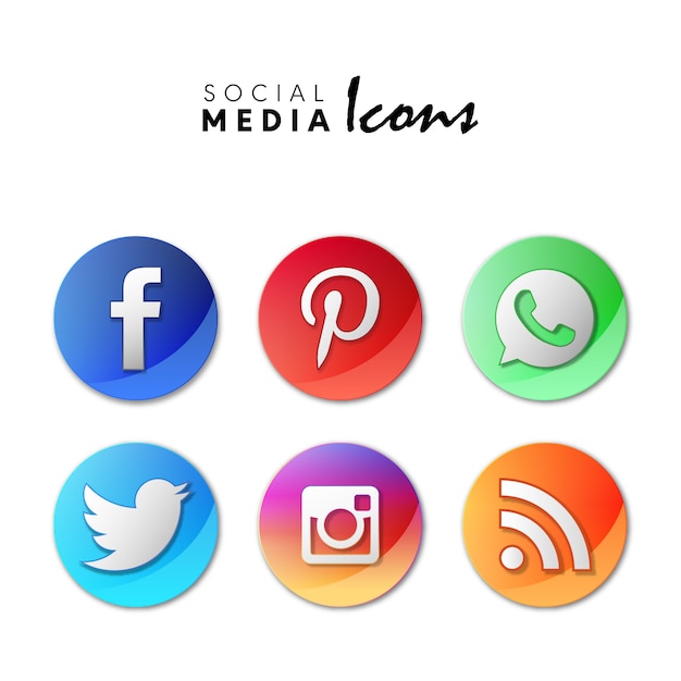 6 popular social media icons set in 3D circles