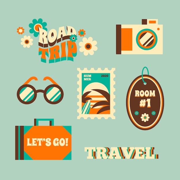 Free Vector 70s style travelling stickers of summer