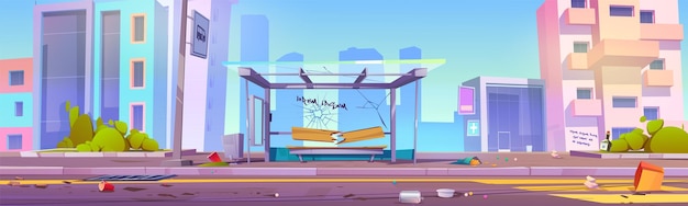 Free vector abandoned city broken bus stop station with crack cartoon background modern dirty public glass transport construction on highway criminal and violence in town scene with nobody outdoor concept