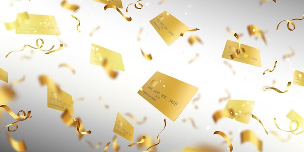 Abstract background with gold credit cards and confetti randomly flying on blurred backdrop. Vip bank client golden congratulations, financial business presentation Realistic 3d vector template design