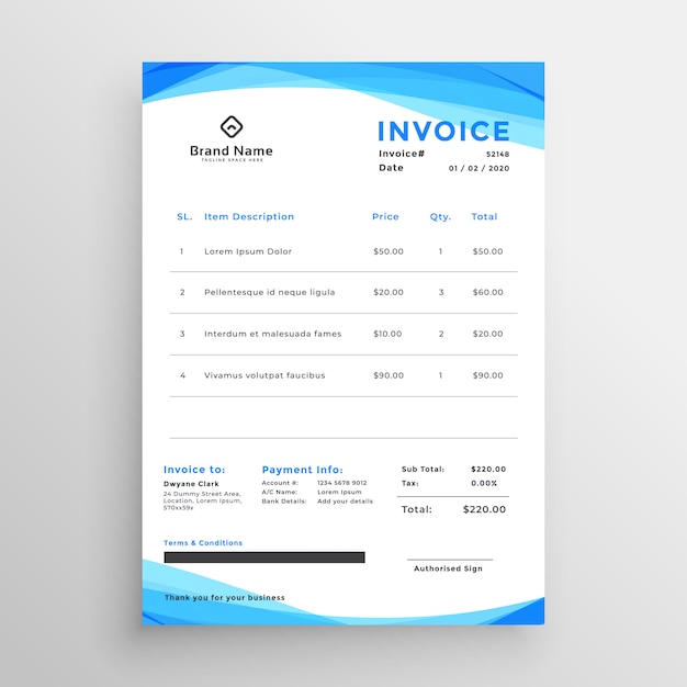 Free Vector abstract blue wavy invoice template design