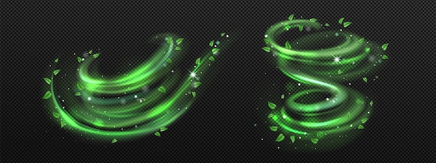 Abstract wind swirl with green leaves and sparkles