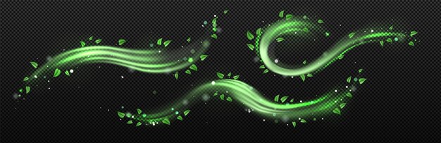 Abstract wind swirl with green leaves and sparkles