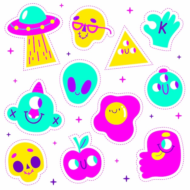 Acid colors hand-drawn funny sticker collection