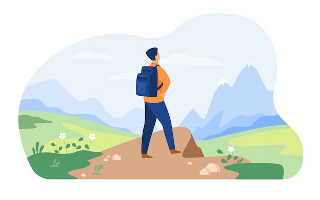 Free Vector active tourist hiking in mountain. man wearing backpack, enjoying trekking, looking at snowcapped peaks. vector illustration for nature, wilderness, adventure travel concept