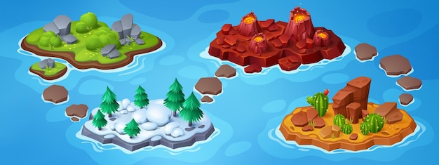 Adventure game ui level map with island in ocean vector background Volcano land forest in snow platform desert with cactus and stone in grass fantasy journey board for expedition 2d illustration