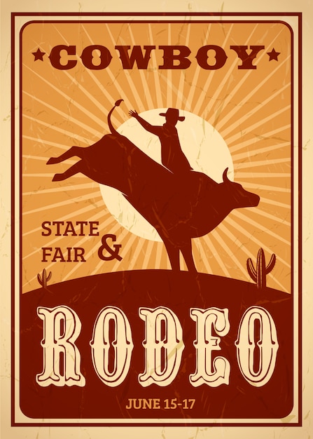 Free Vector advertisement rodeo poster in retro style with cowboy riding wild horse