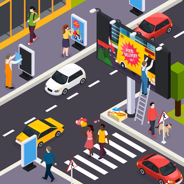 Free Vector advertising agency installers placing banners within busy city streets crossroads daytime isometric illustration