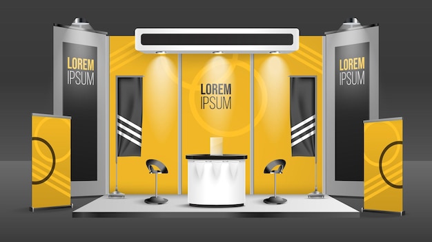 Free Vector advertising exhibition stand template in yellow and black colors realistic vector illustration