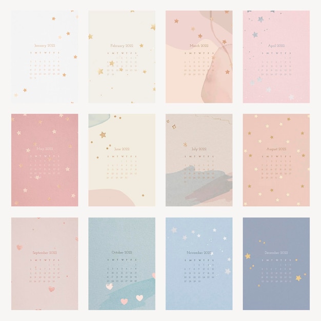 Free Vector aesthetic 2022 monthly calendar template, vector set