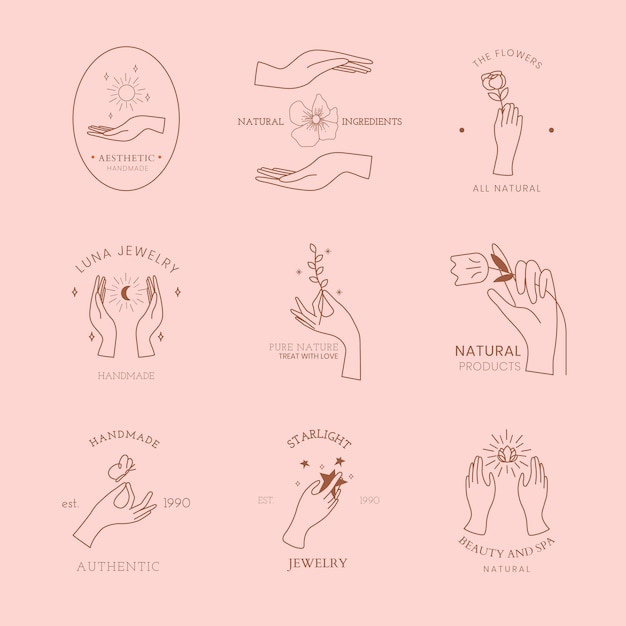 Free Vector aesthetic hand logo template, editable pink design set vector