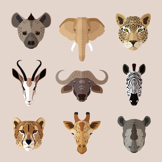 African animal heads set. Hyena, elephant, jaguar, gazelle, buffalo, zebra, leopard, giraffe and rhino