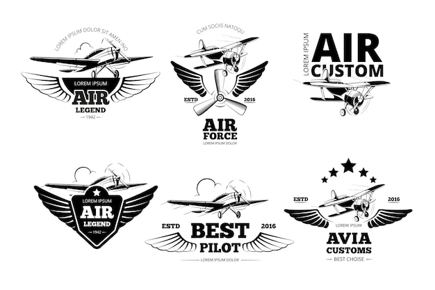 Airplane emblems vector labels. Aviation logo, flight and best pilot illustration