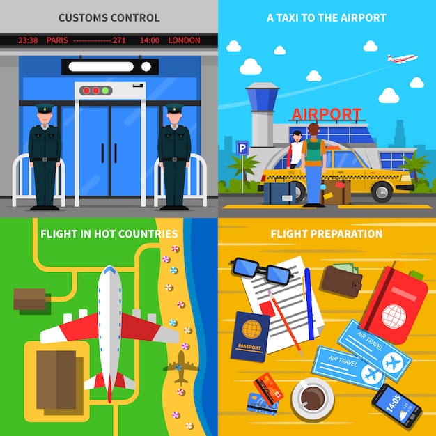 Free vector airport concept 4 flat icons square