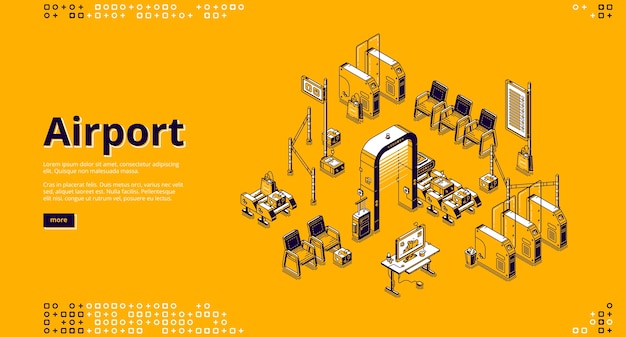 Airport isometric landing page with passenger waiting area