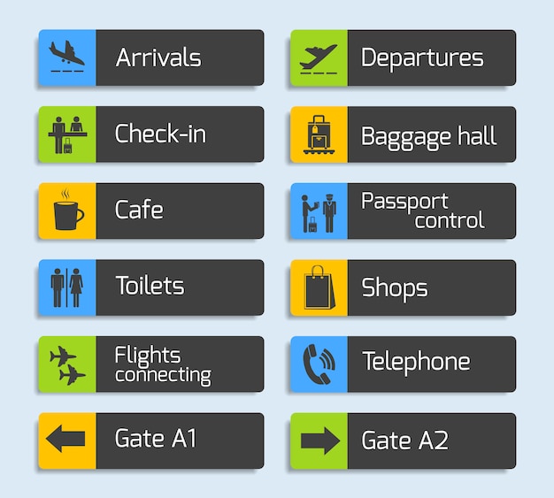 Airport Navigation Design Signboards Set