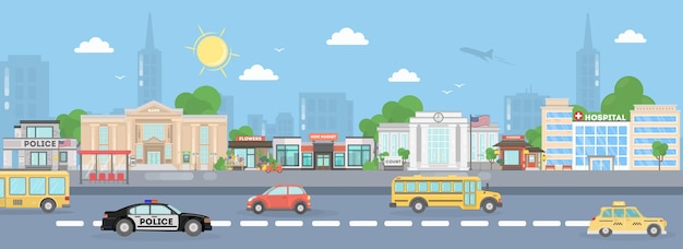 Free Vector america city street urban landscape school bus poica car stores and american flags