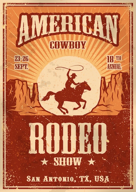Free vector american cowboy rodeo poster with typography and vintage paper texture
