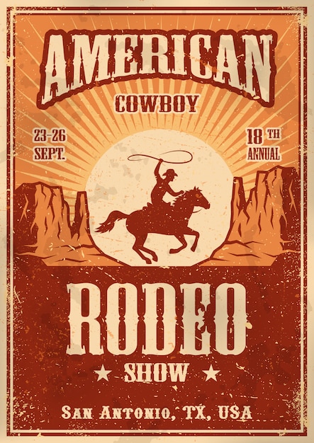 Free Vector american cowboy rodeo poster with typography and vintage paper texture