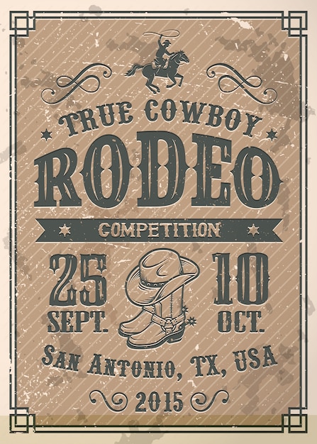 Free Vector american cowboy rodeo poster with typography and vintage paper texture