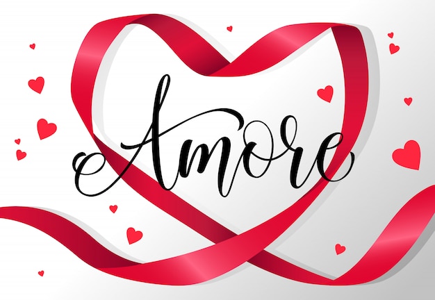 Free Vector amore lettering in red heart shaped ribbon frame