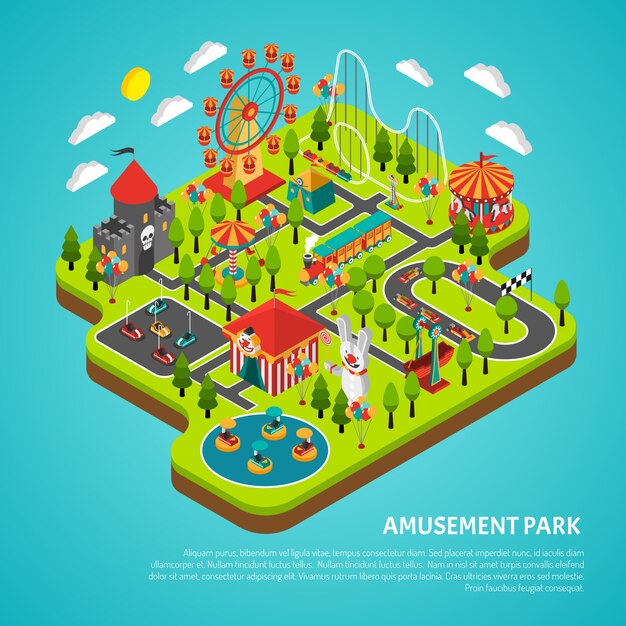 Amusement Park Attractions Fairground Isometric Banner