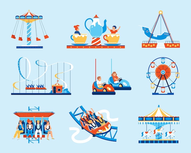 Free vector amusement park attractions flat set with people having fun on roller coaster and carousels isolated on color background vector illustration