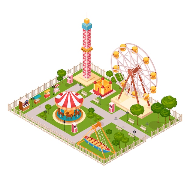 Amusement park  design concept with seesaw ferris wheel carousel and extreme family attraction isometric elements cartoon 