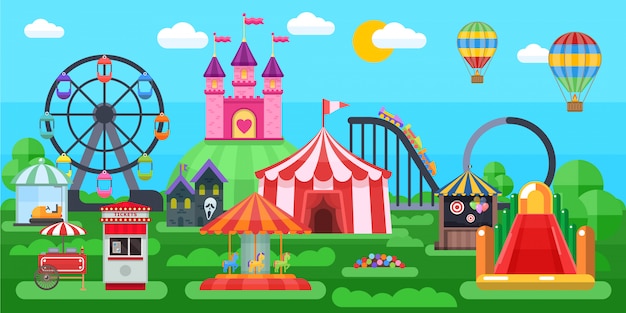 Amusement park panorama with circus tent extreme attractions inflatable slides on summer natural landscape