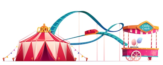 Free vector amusement park with circus and roller coaster