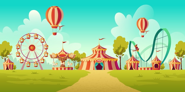 Free vector amusement park with circus tent and carousel
