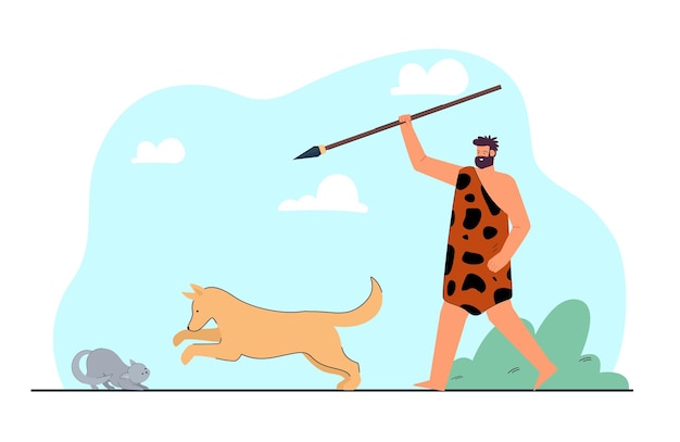 Free Vector ancient man hunting flat illustration. hungry male aborigine hunting with dog and cat in wilderness